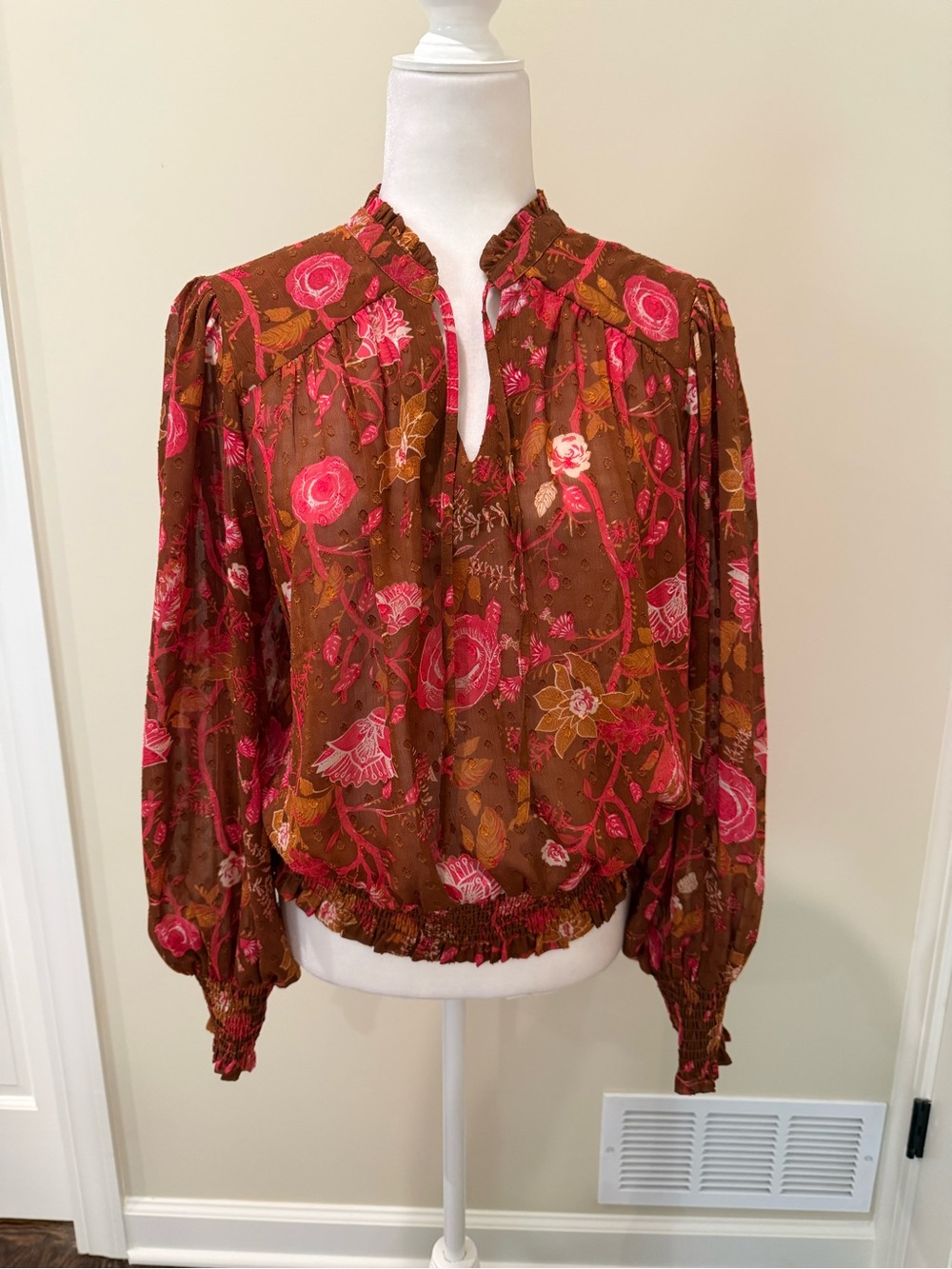 Joie Brown/Pink Floral Long-Sleeve Smocked Hem Blouse
